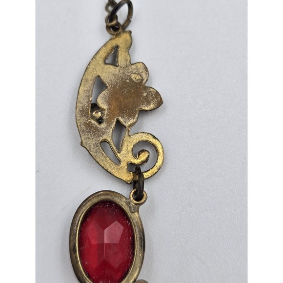 Antique Brass Filigree Necklace Red Glass Stones Art Deco Nouveau Style - Picture 10 of 16